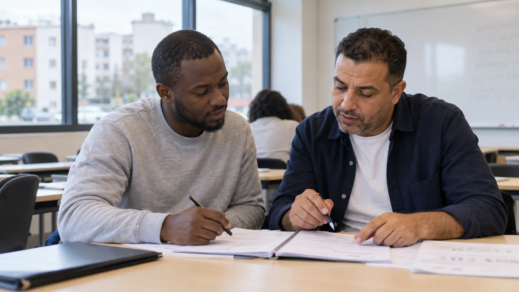 Deux participants en tenue décontractée révisant ensemble dans une salle de formation en banlieue.