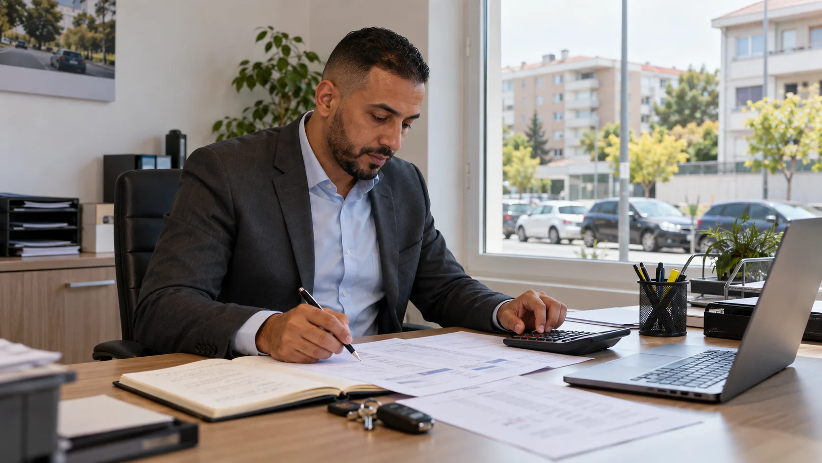 Chauffeur en costume examinant son budget à un bureau donnant sur une rue de banlieue.
