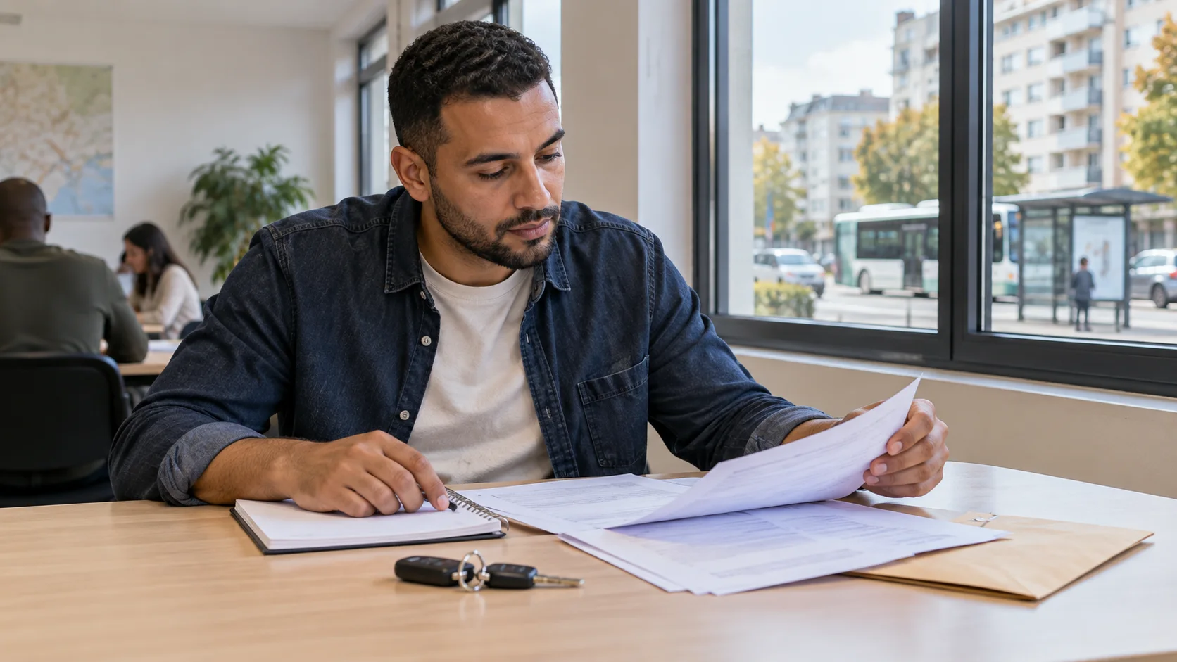 Candidat en tenue décontractée préparant des documents dans une salle de formation en banlieue.