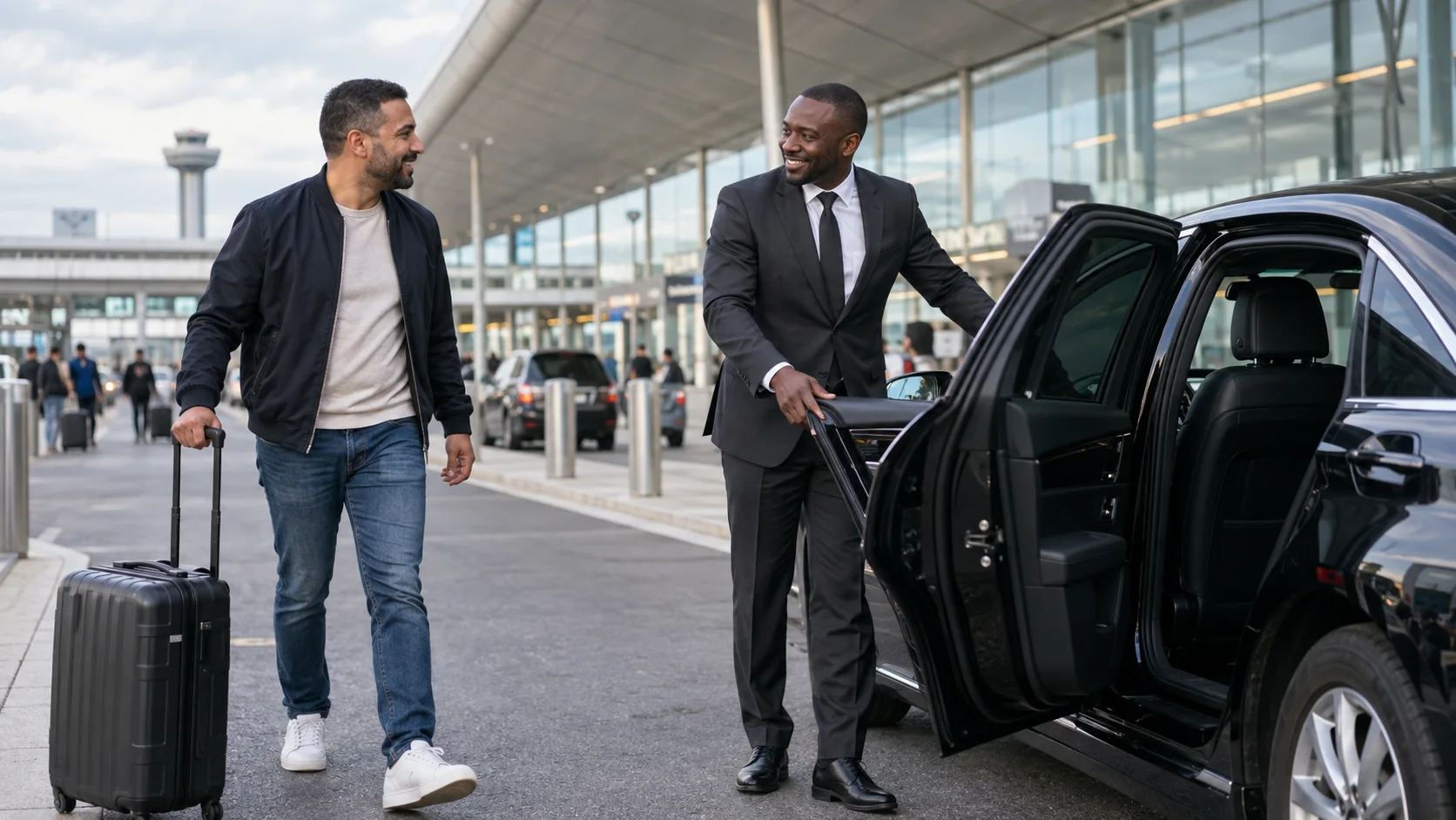 Chauffeur en costume accueillant un passager avec une valise devant un terminal d’aéroport.